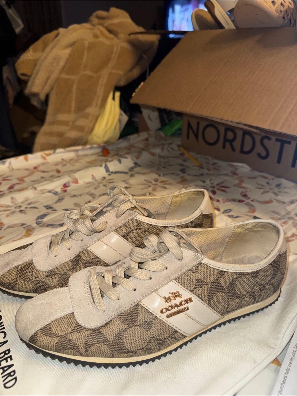 Coach Beige Signature-Print Kids Lace-Up Sneakers